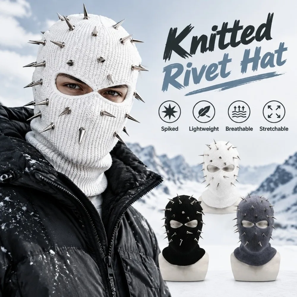 Spiked Knitted Rivet Hat Lightweight Stretchable Pullover Knitted Hat Windproof Winter Warm Full Face Mask Cosplay