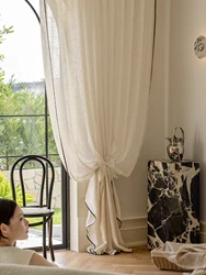 1pc light luxury cream-colored window screening with black trim suitable for living room/bedroom bay window
