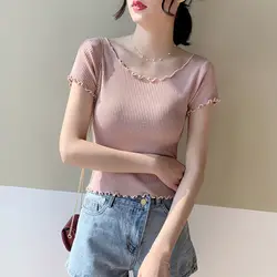 Korean Fashion Sweet Young Style Ear Edge Short Sleeved T-shirt Women Solid Striped Round Neck Summer Slim High Waist Thin Top