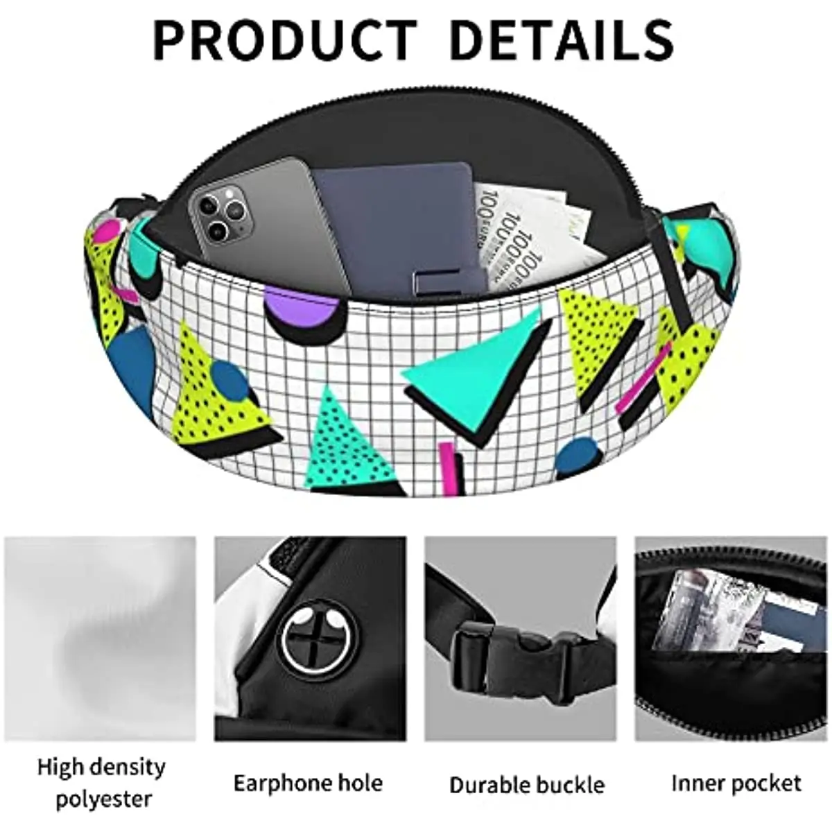 Retro Style 80s 90s Memphis Style Design Fanny Pack for Men and Women Adjustable Casual Waist Bag for Traveling Hiking Cycling