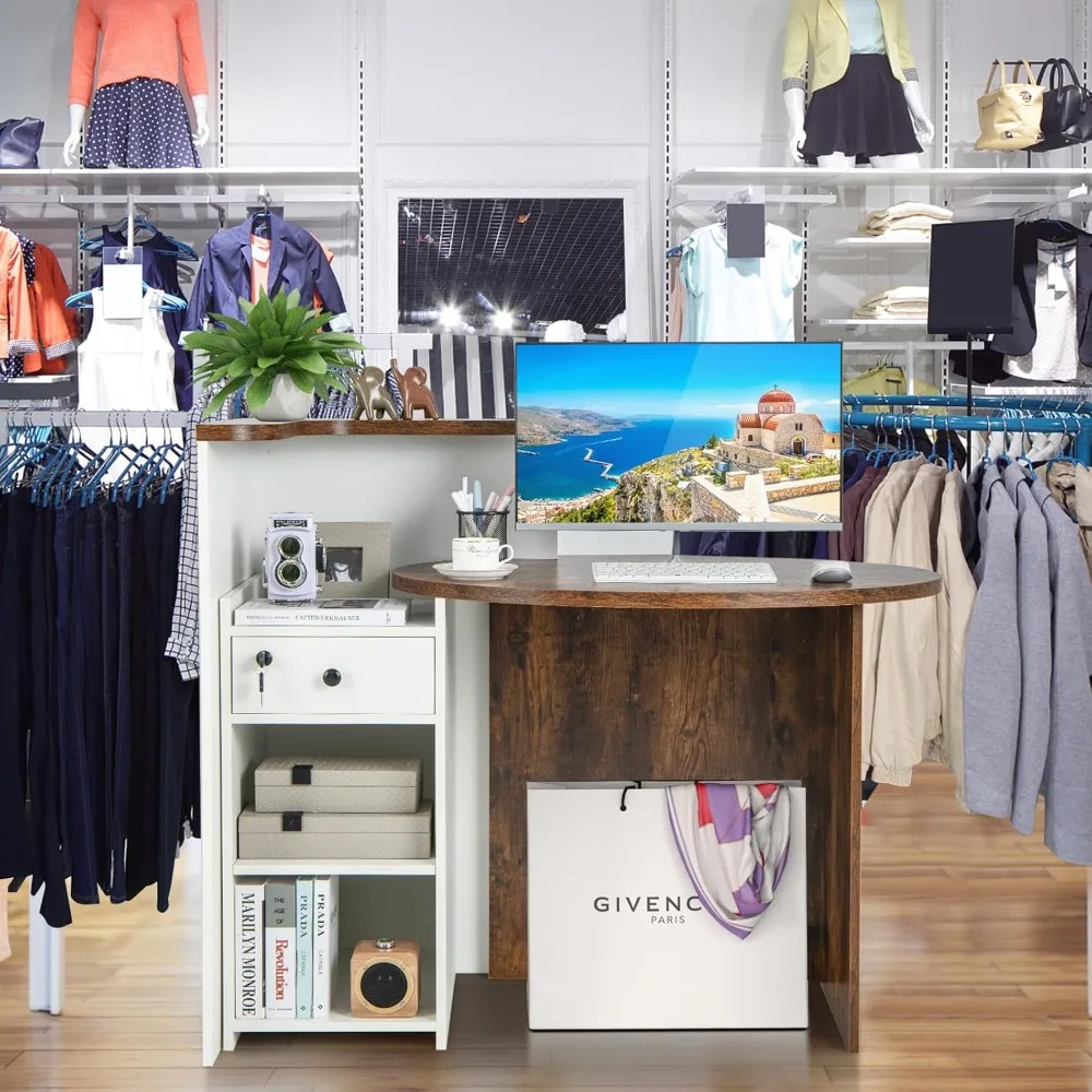 Reception Desk, Front Counter Desk with Lockable Drawer & Adjustable Shelf, Oval Desktop, Retail Counter for Checkout