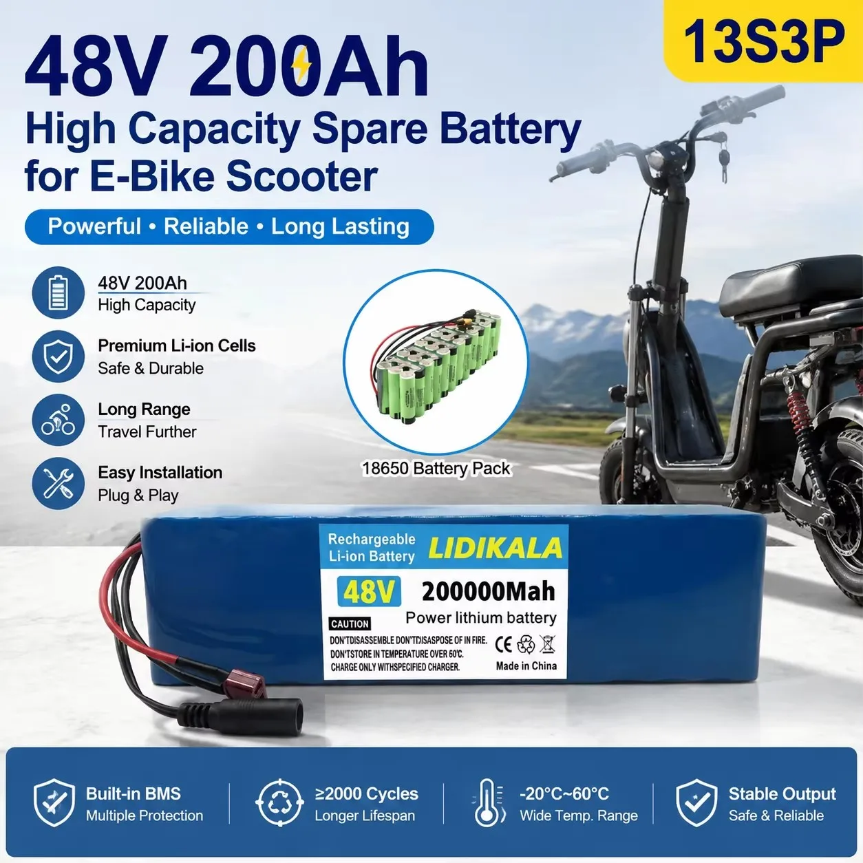 Pacco batterie al litio ad alta capacità, 48V 200Ah, configurazione 13S3P, ideale per sostituire le batterie delle biciclette elettriche, dotato di sistema di protezione BMS, facile da installare e