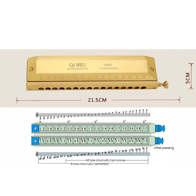 QI MEI Chromatic Harmonica 16 Hole 64 Tone Mouth Organ Instrumentos Key Of C Professional Musical Instruments