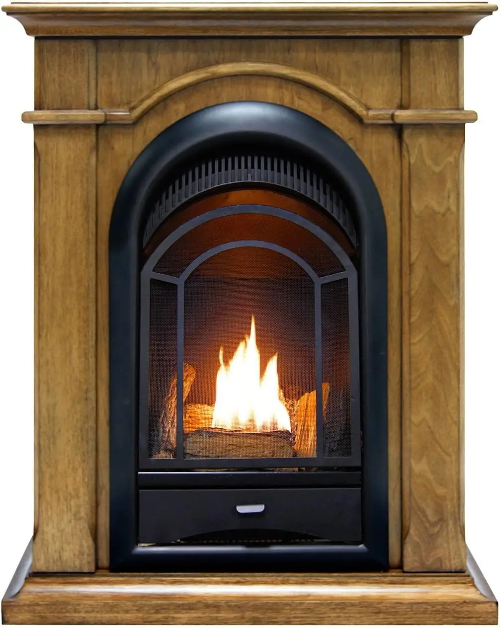 Dual Fuel Ventless Gas Fireplace System with Mantle, Thermostat Control, 4 Fire Logs, Use with Natural Gas or Liquid Propane