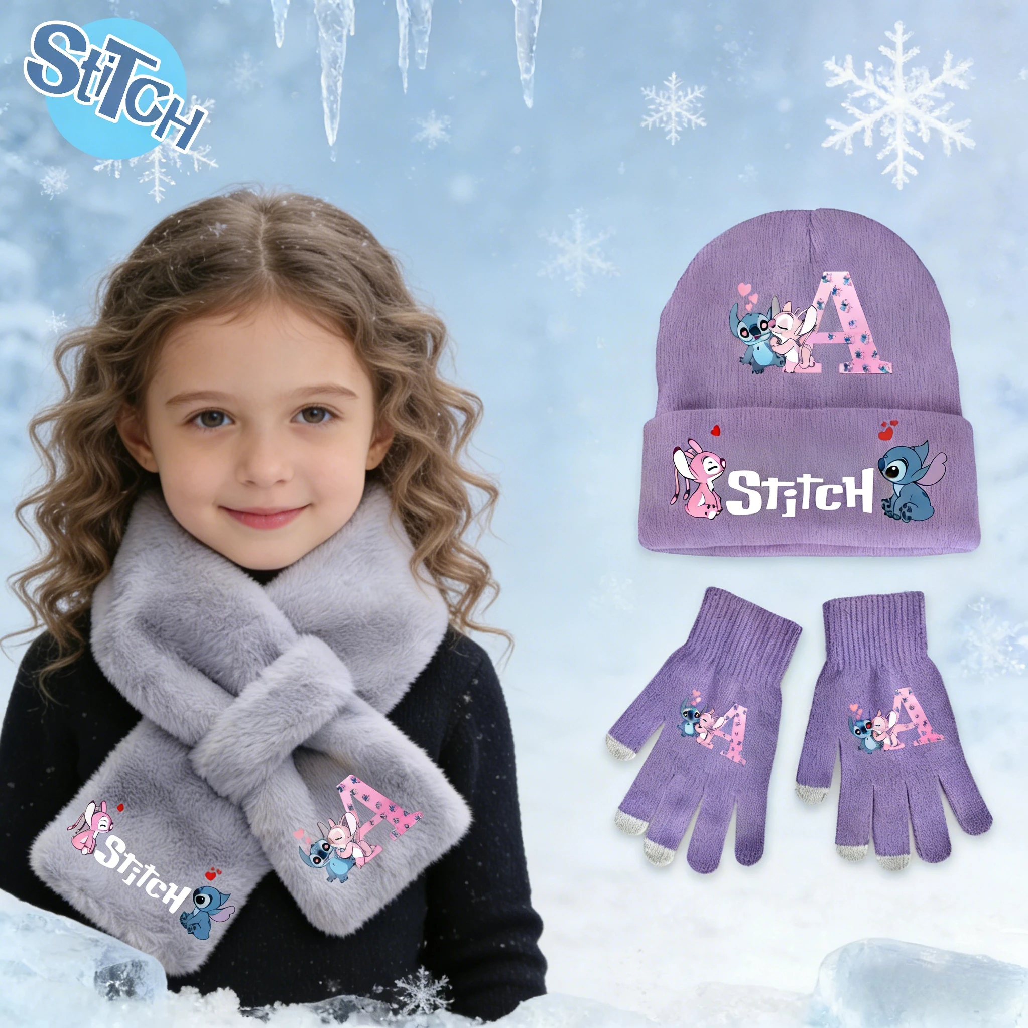 

Stitch 3Pcs Girls' Warm Knit Set Fashionable and Cute Hat, Scarf, and Gloves Winter Casual Birthday Gift Accessories