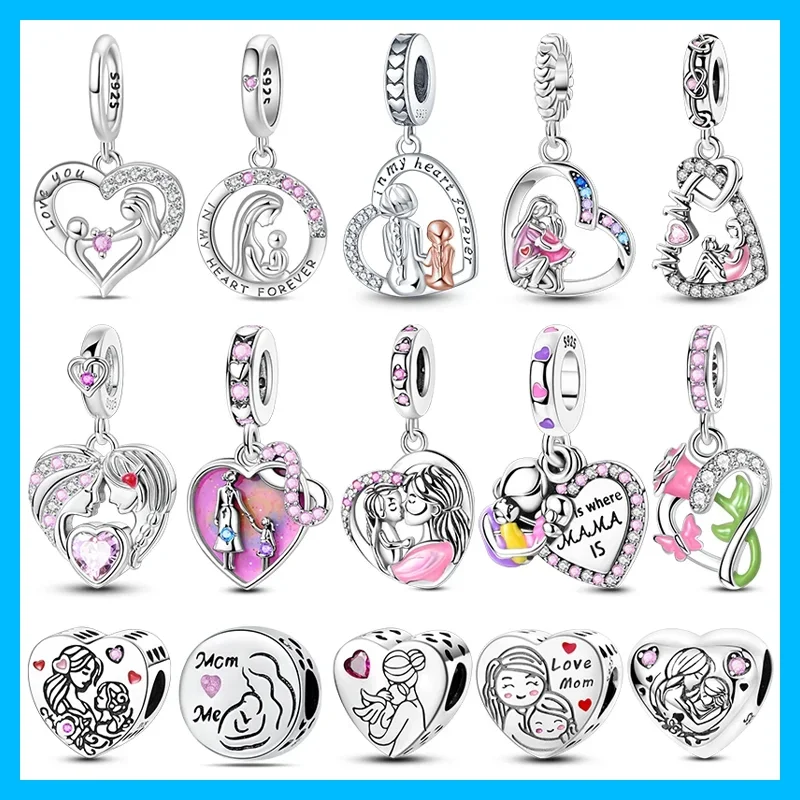Abalorios Colgantes Originales de Plata Bañada con Zirconia Rosa en Forma de Corazón de Mamá y Bebé, Ideales para Pulseras, Bolsos y Llaveros, Accesorio de Regalo DIY para Mujer