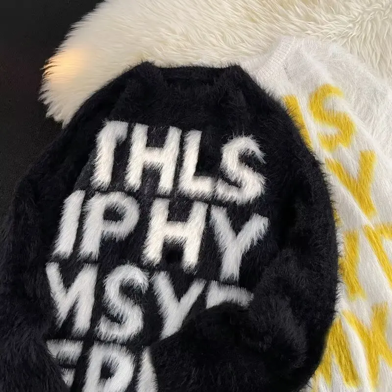 

Американский свитер из желтой морской шерсти, мужской свитер большого размера Lazy Sle, вязаная верхняя одежда для пар, осенне-зимняя повседневная одежда