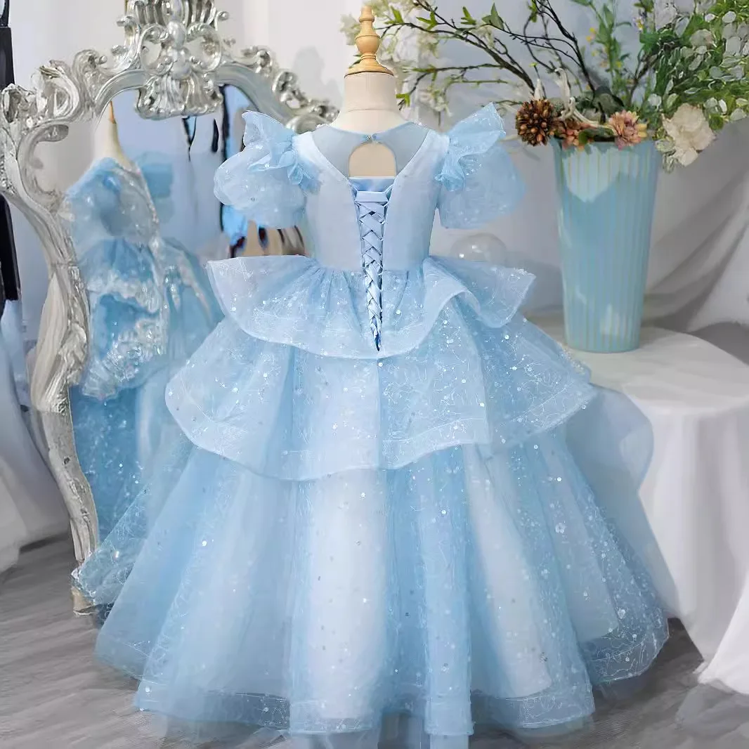 Shiny Ball Gown Baby Flower Girl Dresses With Pearls Sequins Princess Prom Birthday Party Gowns