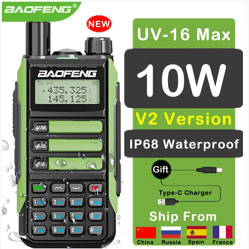 Baofeng UV16 Max 10W Walkie Talkie IP68 Waterproof Transceiver Dual Band CB Ham Two Way Radio Type-C USB Charger UV9R UV5R plus