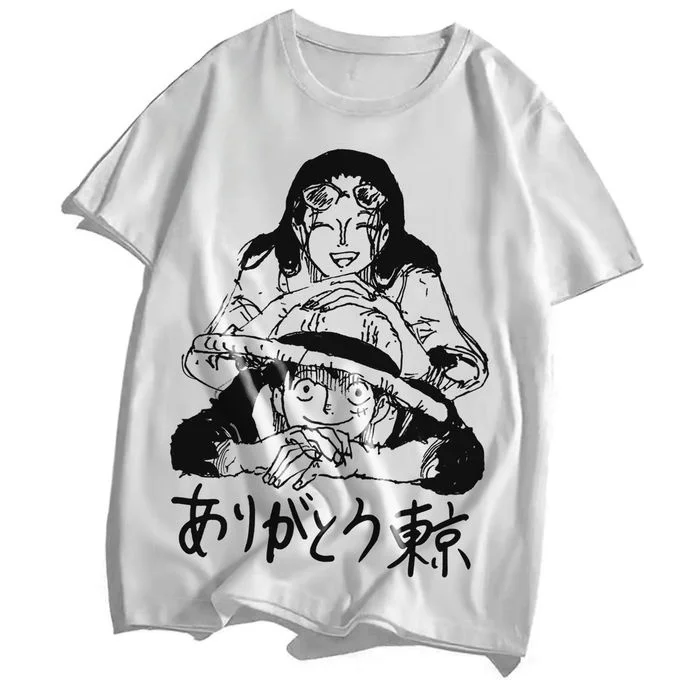 

Летняя коллекция 2026: Футболка унисекс с принтом One Piece (Луффи и Робин) «Thank You Tokyo», 100% хлопок, свободный крой, для мужчин и женщин, семейный комплект