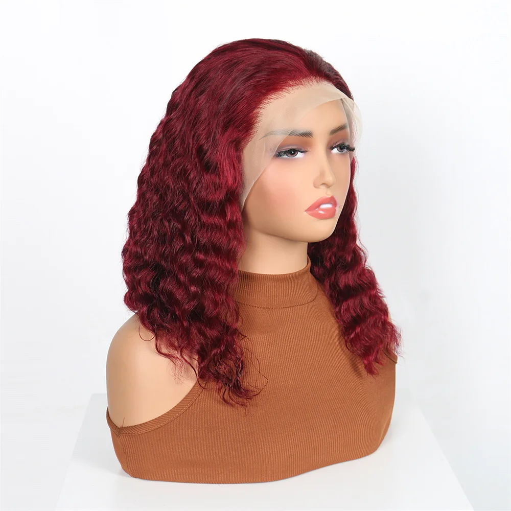 99J أحمر اللون موجة عميقة شعر مستعار شعر الإنسان 13x4 بورجوندي أسود قصير بوب الدانتيل الجبهة خصلات الشعر المستعار الإنسان للنساء قصيرة عميق مجعد