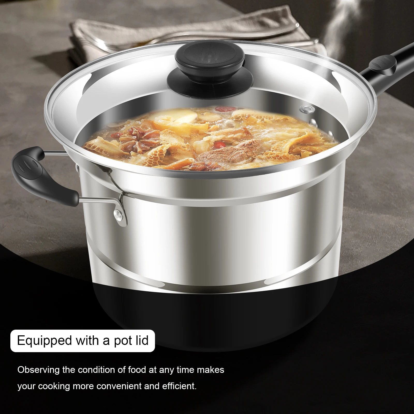 Stainless Steel Pot with Visible Lid and Handle Multifunctional Steamer Pot with Deep Fry Basket Practical Pasta Pot with