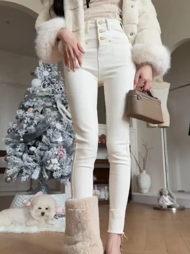 

High Waist Thiened Stretchy Fce Lined Slimming Ankle Length Denim Jeans Dongda Gate White Cotton Elastic Autumn Winter