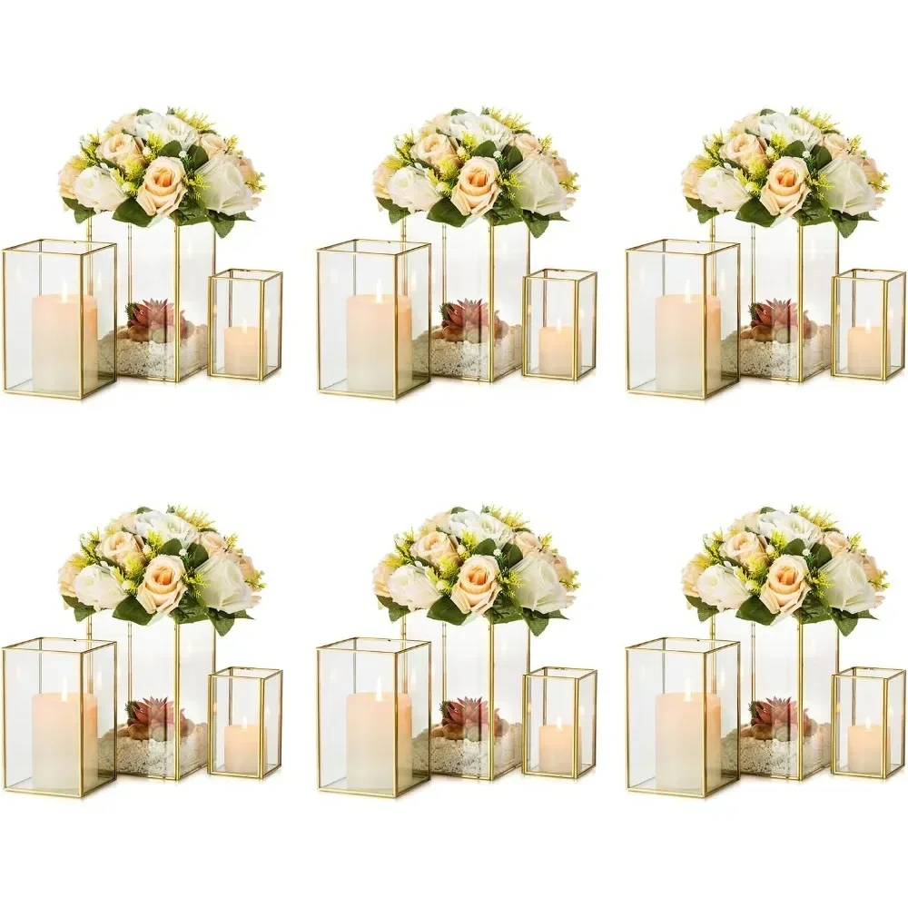 

18pcs Gold Glass Hurricane Candle Holder Rectangle Flower Holders Centerpiece for Table,Tall Floor Square Pillar Candle Lantern