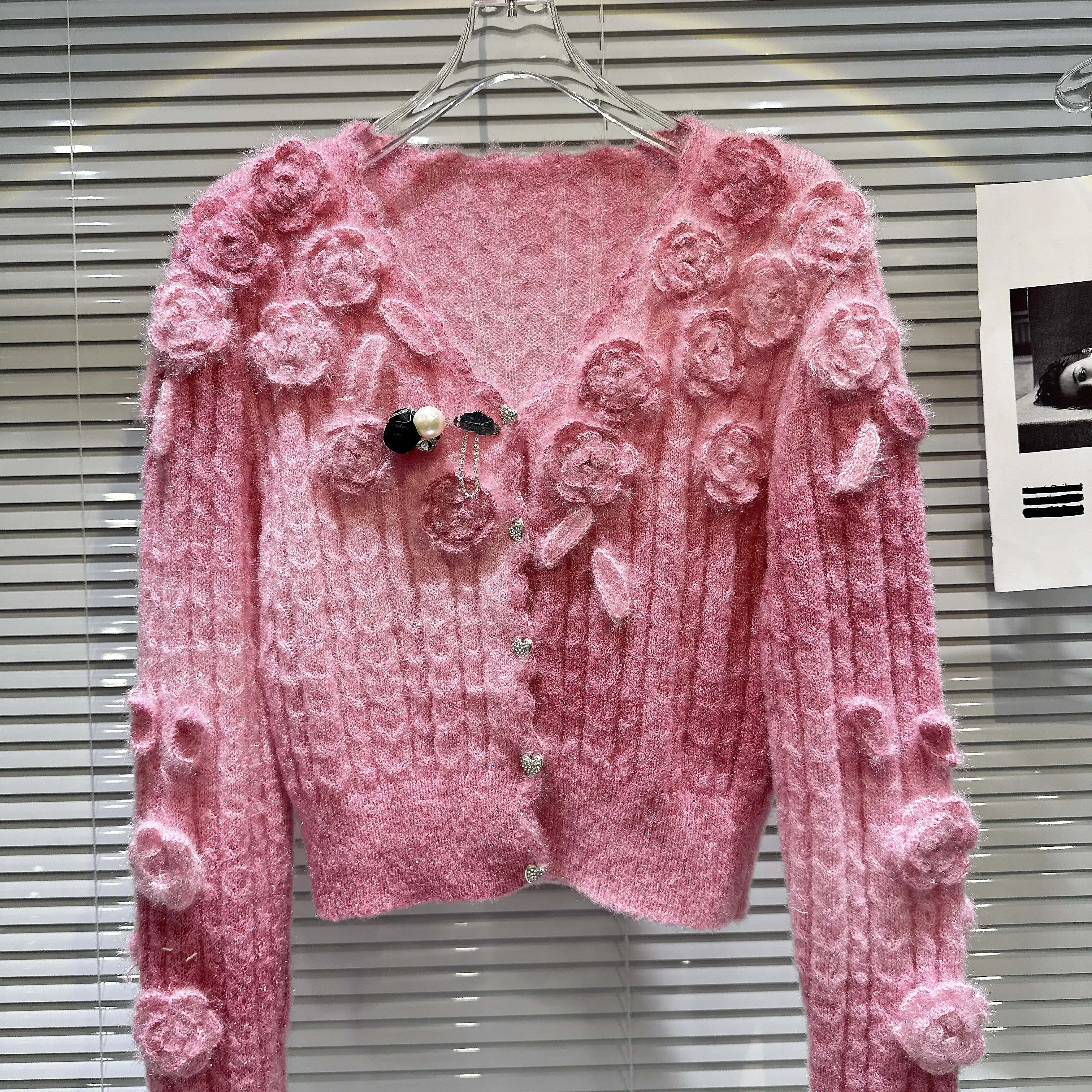 Musim semi musim gugur 3D bunga rajutan Cardigan rajutan berpengait bunga mantel Sweater Pink gradien rajut jumper atasan Crop Sueter