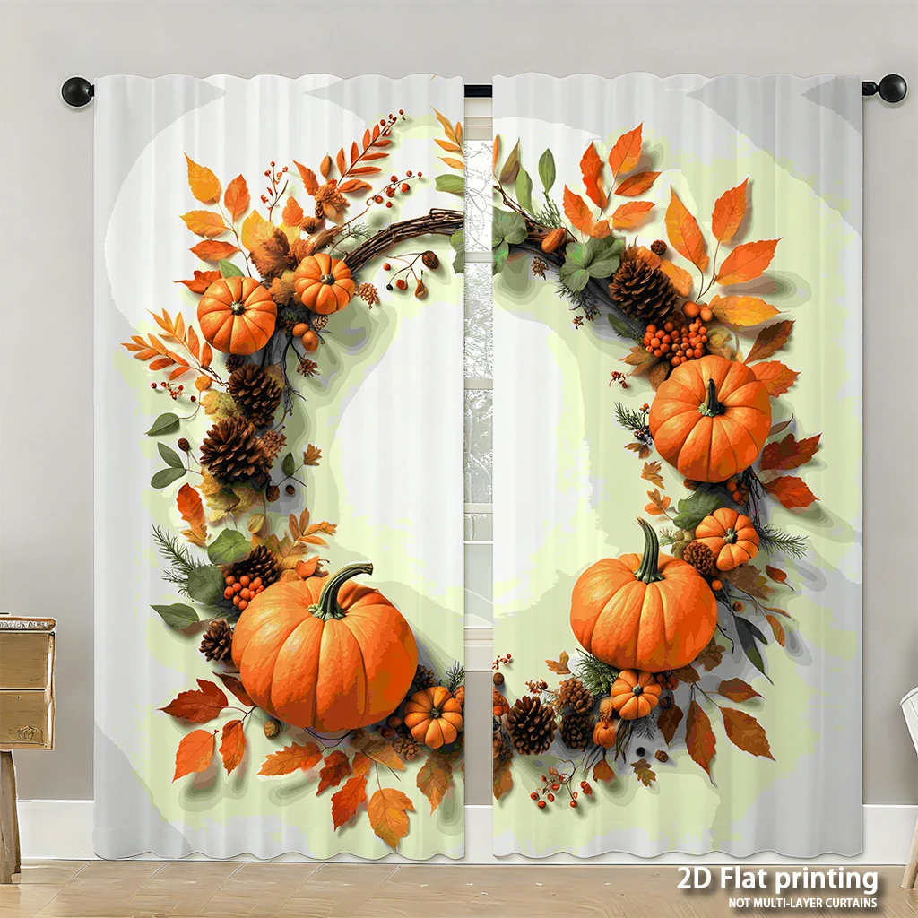 2-piece set of high-definition digital printed curtainsautumncolorfulleavespumpkinwreathfoliagepineconeHome decoration style