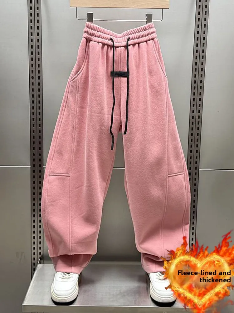 

Женские спортивные брюки с высокой талией и широкими штанинами, повседневные, на флисовой подкладке, розовые, премиум-класса, удобные, длинные, для повседневной носки