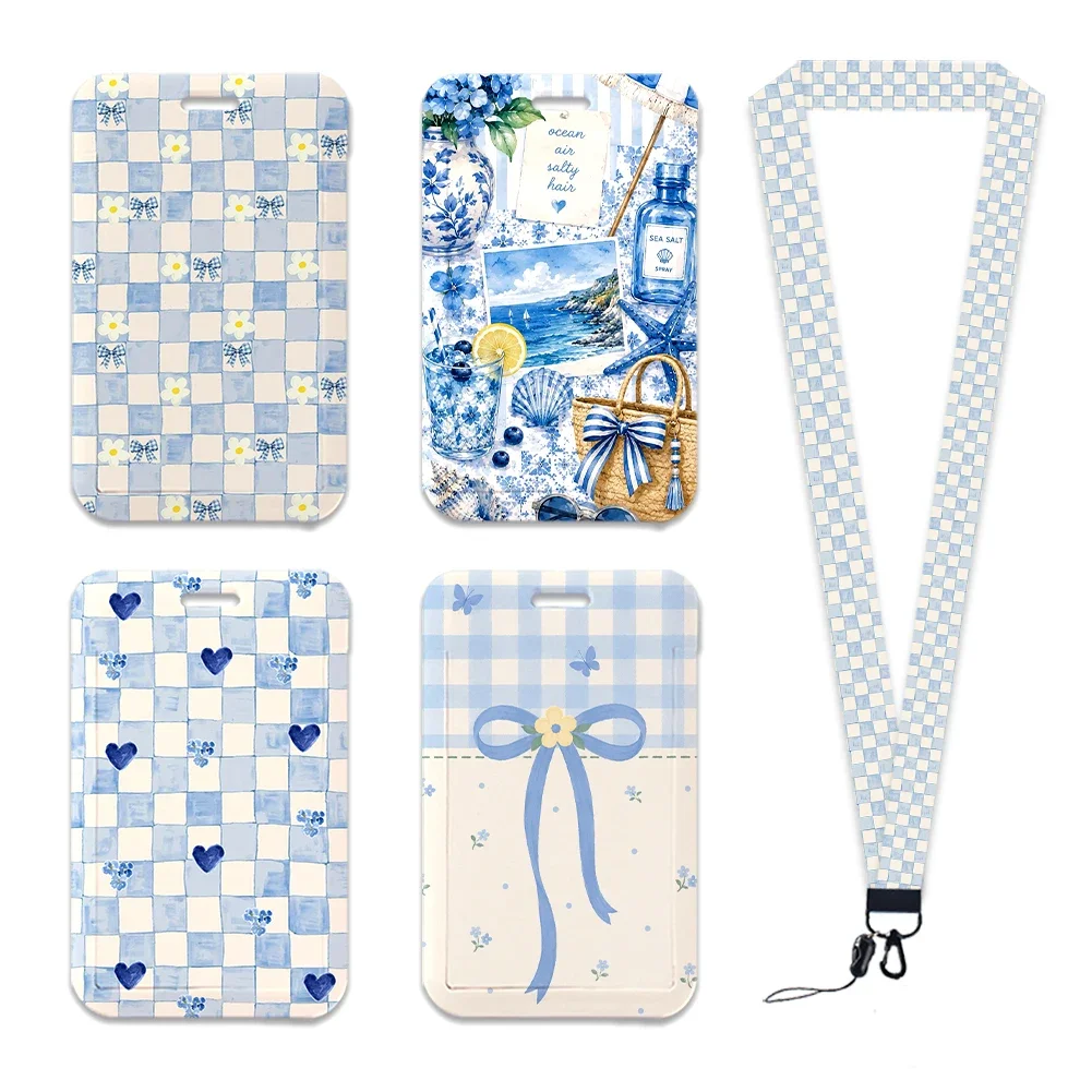 Fresh Blue Little Flowers Pastoral Style Cartoon ID Card Holder Badge Work Pass with Lanyard Keychain Nurses Doctors Gift