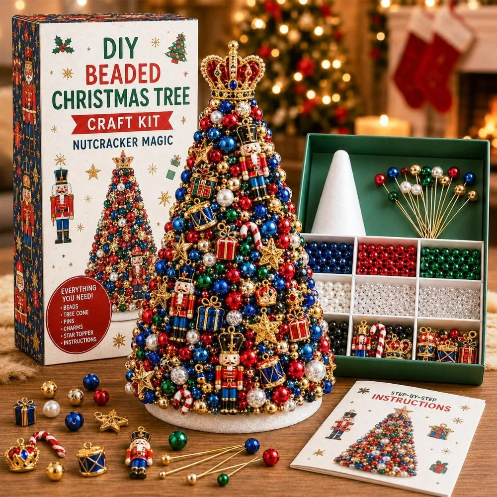 DIY Beaded Christmas Tree Craft Kit, Nutcracker Magic Mini Desktop Christmas Tree Making Kit, Complete Beads and Nutcracker Ornaments Christmas Desktop Home Decoration Supplies