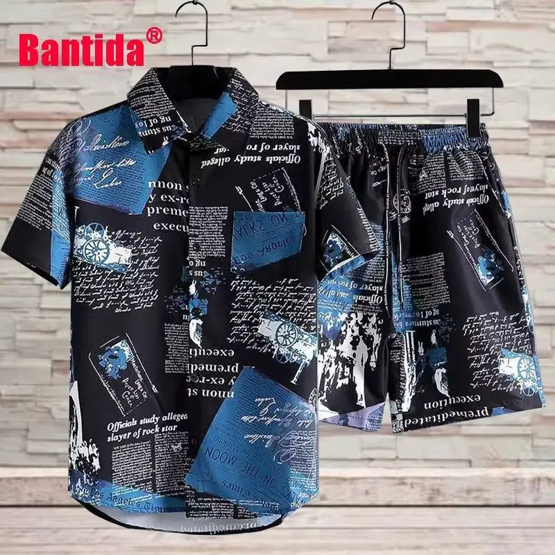 Traje para hombre, camisa con gráfico completo, pantalones cortos, calle coreana, Harajuku, ropa de moda para hombre, tendencias, ropa de moda para