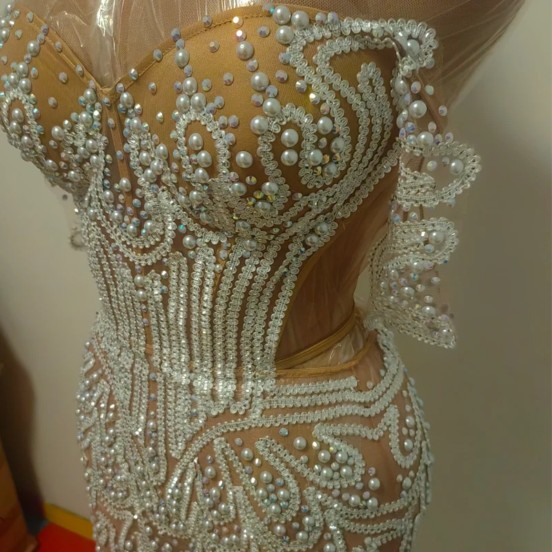 White Pearls  Dress See through Women Singer Festival Dresses Evening Dress Performance Outfit Stage Catwalk Wear