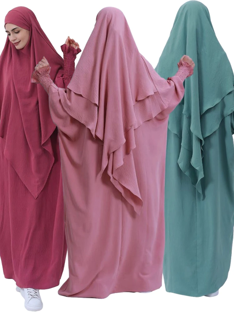 Eid Muslim Women Abaya Long Khimar Dress 2 Piece Set Prayer Garment Abaya Hijab Full Cover Robe Ramadan Kaftan  Djellaba