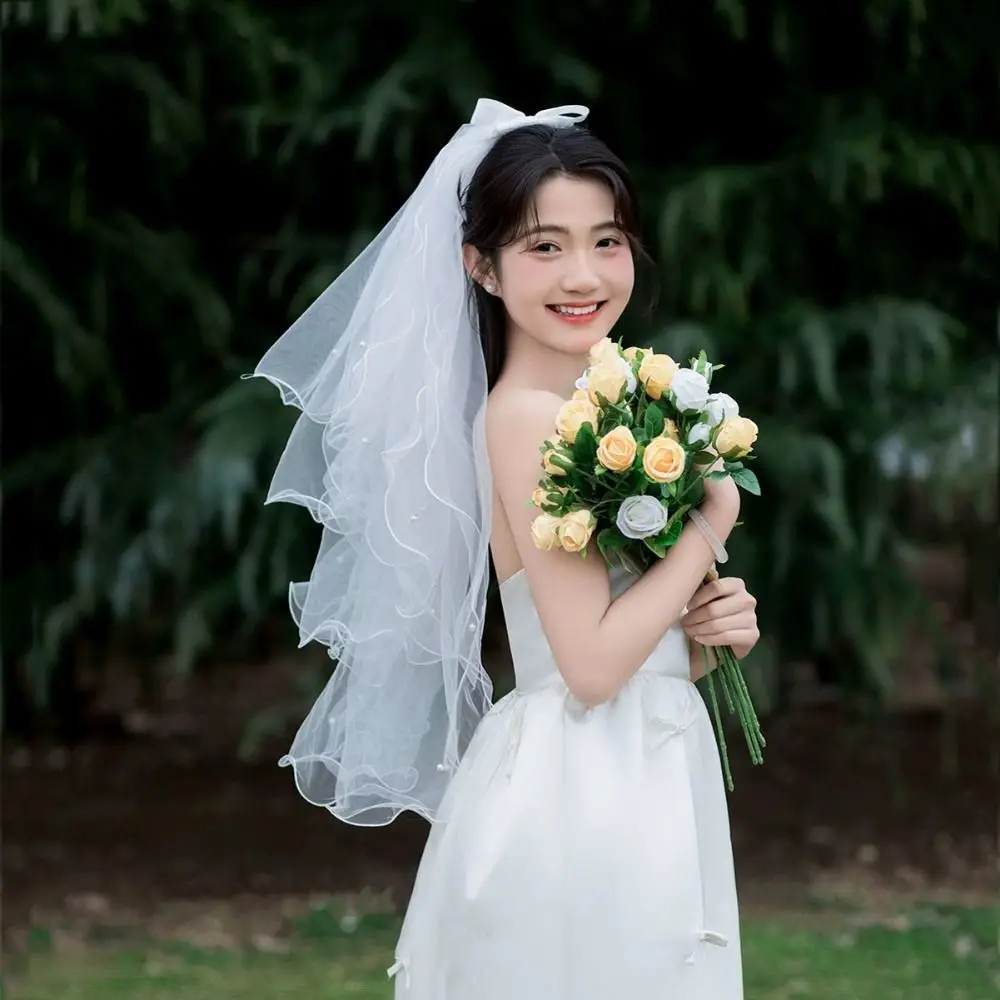 New Four-layer Bridal Veil Soft Tulle Curled Wedding Veils White Pearl Bow Ribbon Bride Head Gauze Wedding Accessories image 2