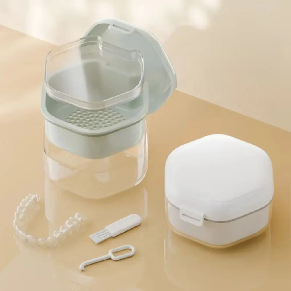 

Invisible Orthodontic Retainer Case Denture Cleaning Portable Dental Braces Storage Box 2 Layer Sealed Denture Cleaner Box