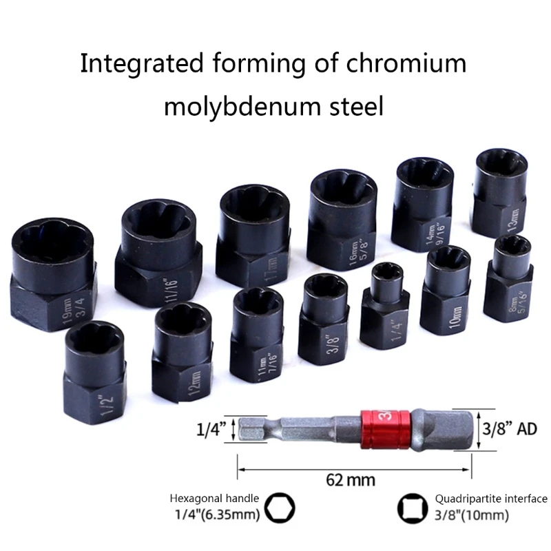 Nut Remover Extractor Socket Tool Remover Tool 3/8 14 Pieces