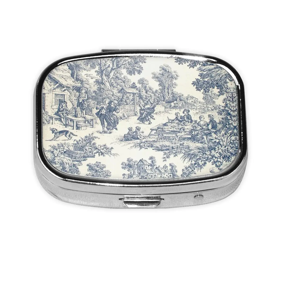 

Toile De Jouy Square Pill Boxes 2-Compartment Pills Dispenser French Navy Blue Motif Portable Medicine Storage Box Container