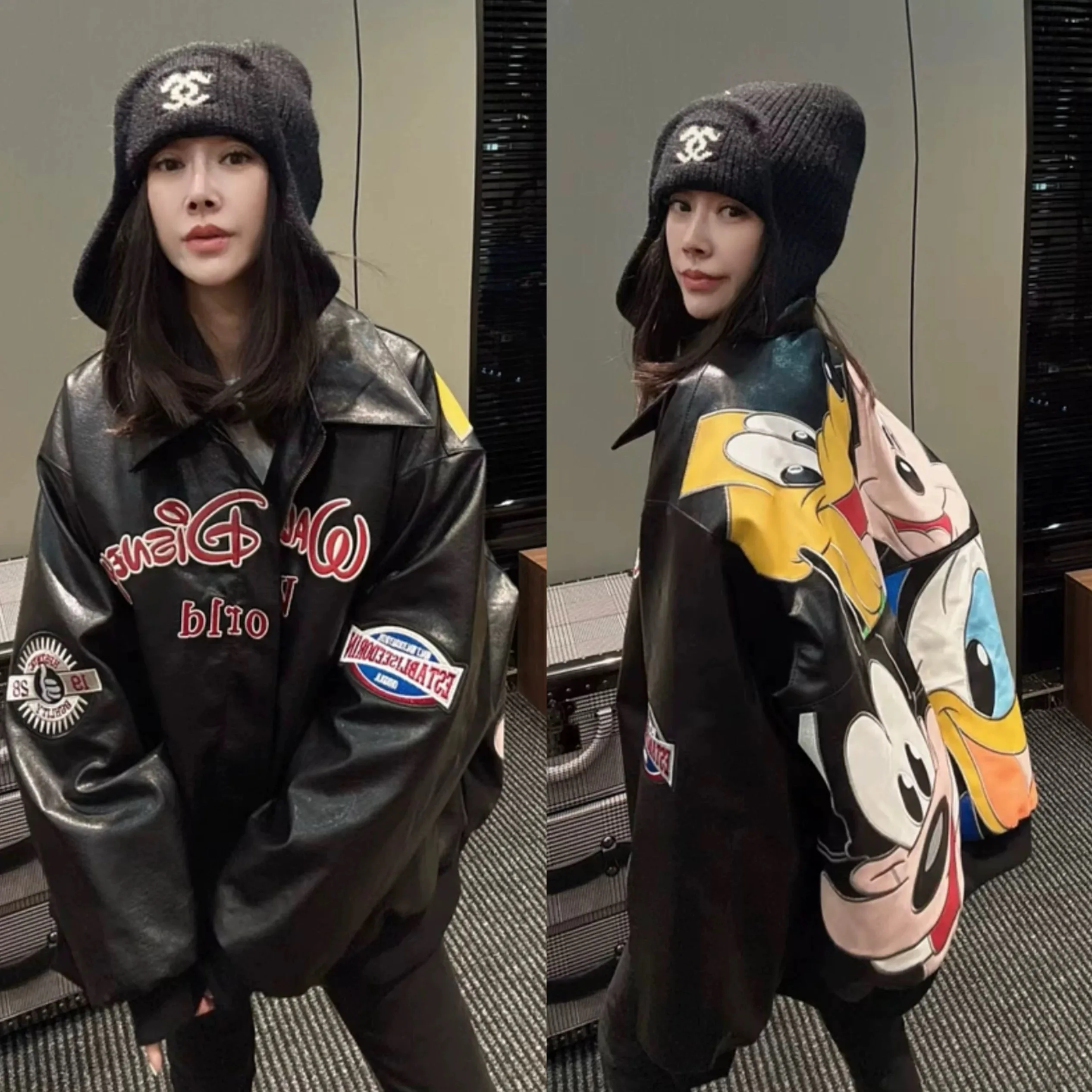 Street Sle Loose Fit Women's Jaet Embroidered Cartoon Patchwork Color Blo Biker Leather Coat Spring Autumn Baseball Outfit