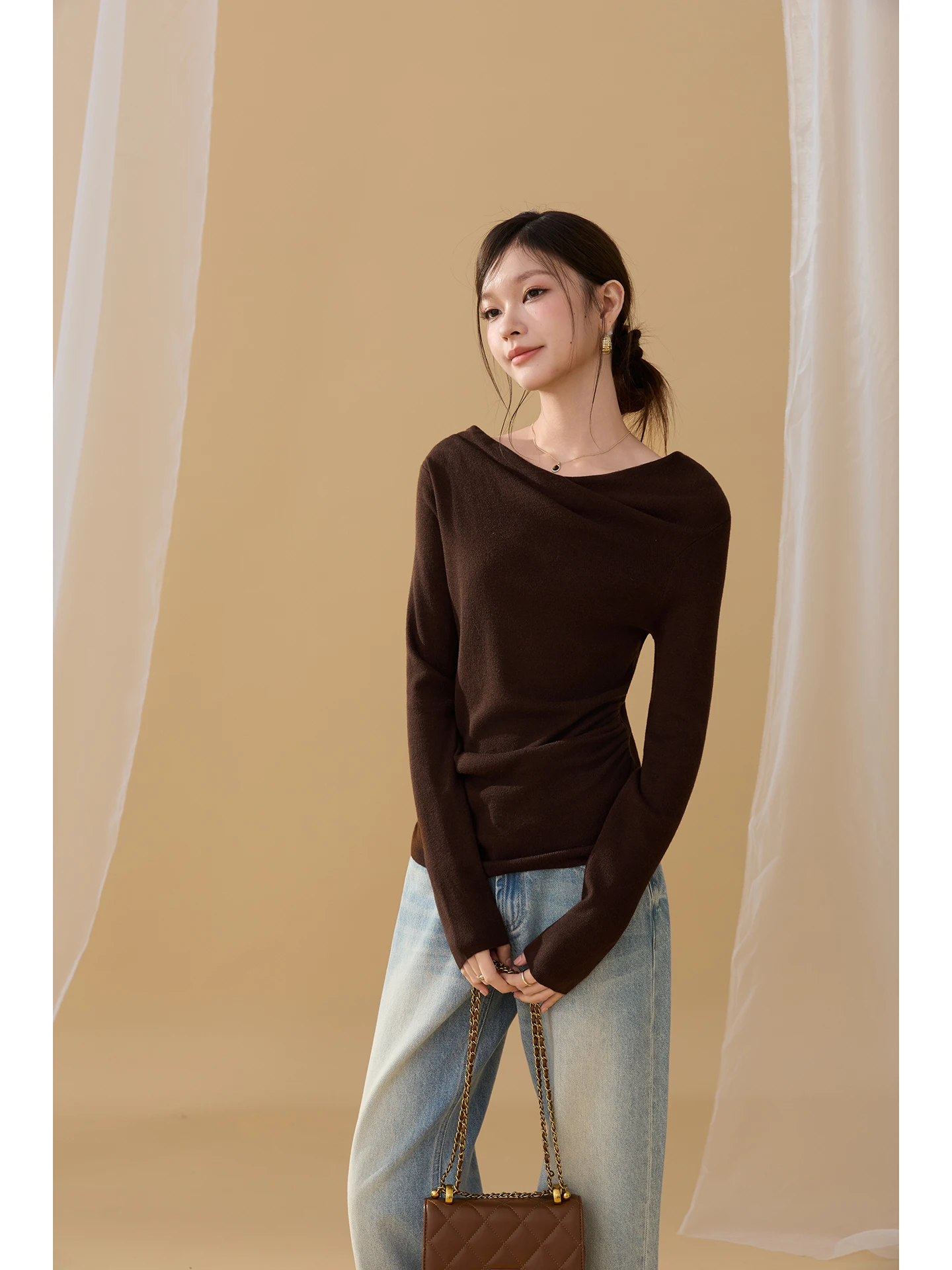 

Ele женский вязаный свитер FT GUOGE, повседневный осенний новый модный топ для похудения, полиэстер, акрил, нейлон, смесь шерсти