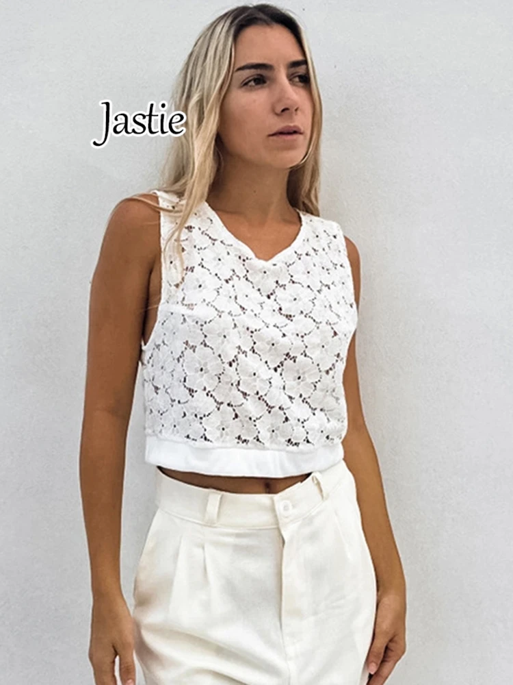 

Jastie 2024 Summer Women's Sleeveless V-Neck Tank Tops Hollow Out Lace Cropped White Jacquard Camis Vest Office Ladies