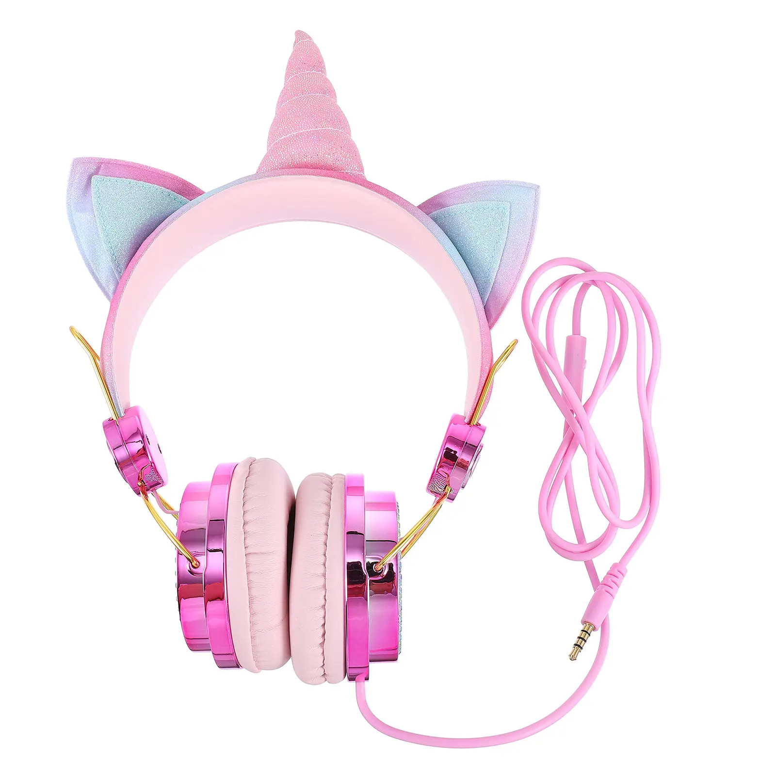 Wired Cartoon Over Ear Headset Adjustable Unicorn Horn Cat Ear Shape 35Mm Plug Gaming Headphone for Smartphone Pc
