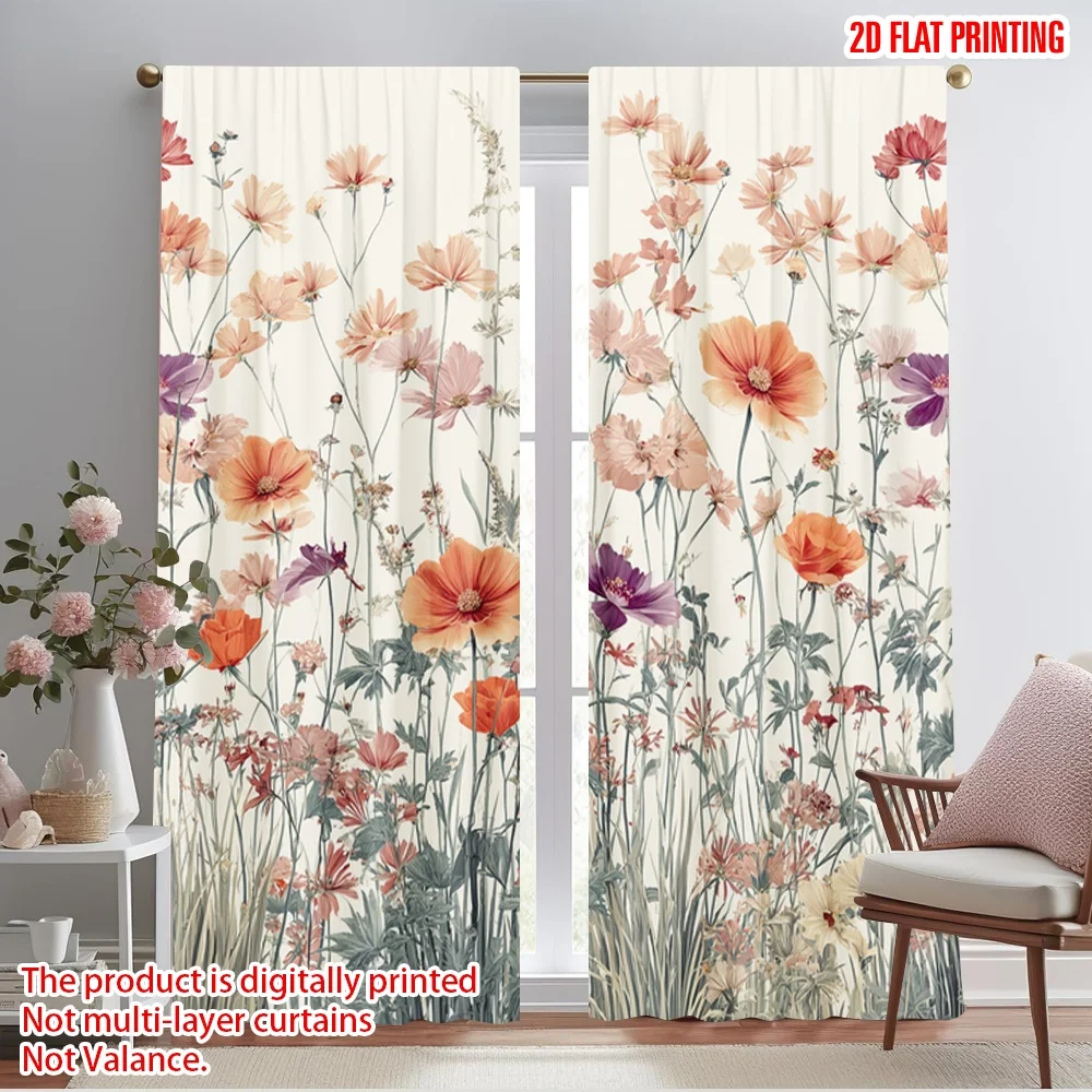 2pcs,2D plane printing Pattern Curtains Pastel Wildflower Bouquet Versatile Fabric (without rod) Art Deco Festive Ldeal for
