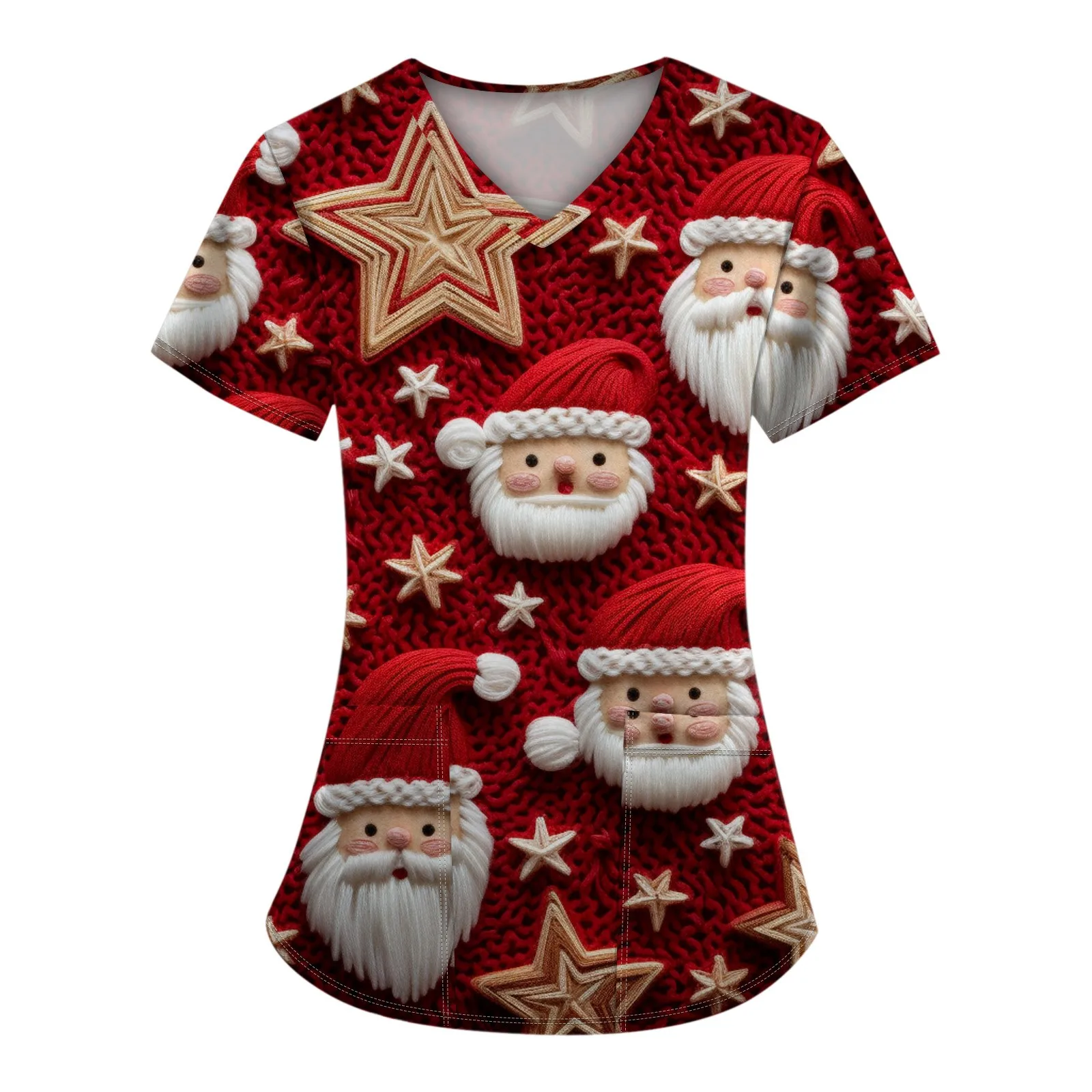 زي نسائي مطبوع عليه عيد الميلاد ، زي موحد للعمل ، جيب برقبة على شكل حرف V ، توبات واقية ، مقاس كبير ، مقاس كبير