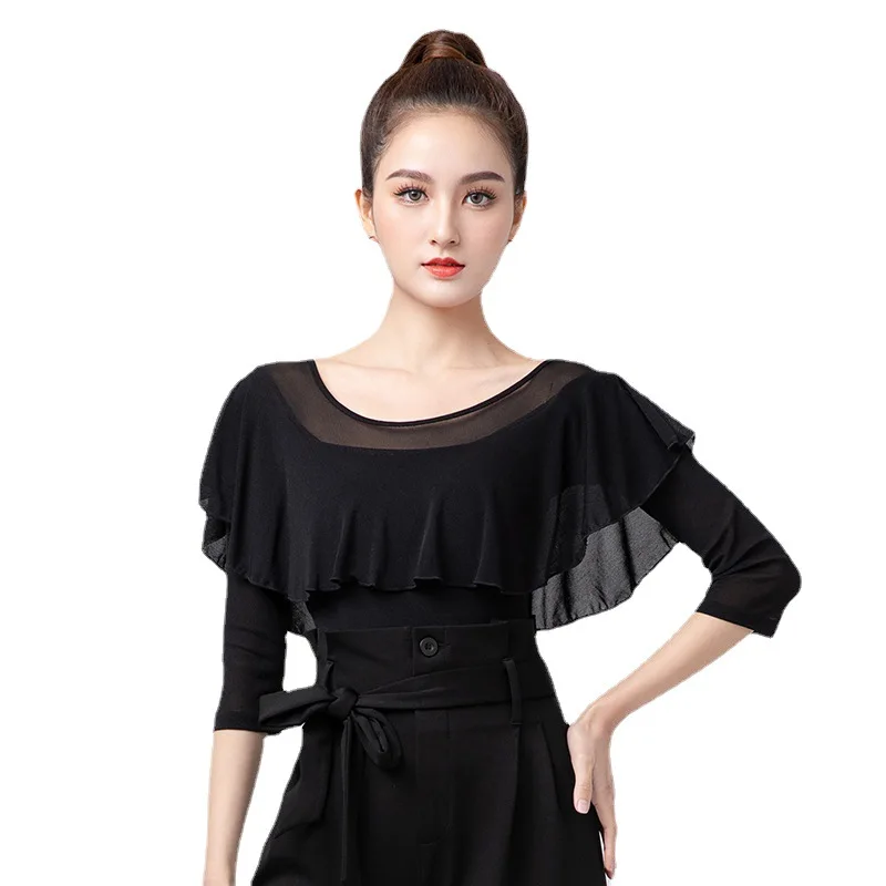 Haut de danse latine noir avec manches trois quarts, Design à volants, vêtements d'entraînement pour femmes, pour la danse Standard, 2025