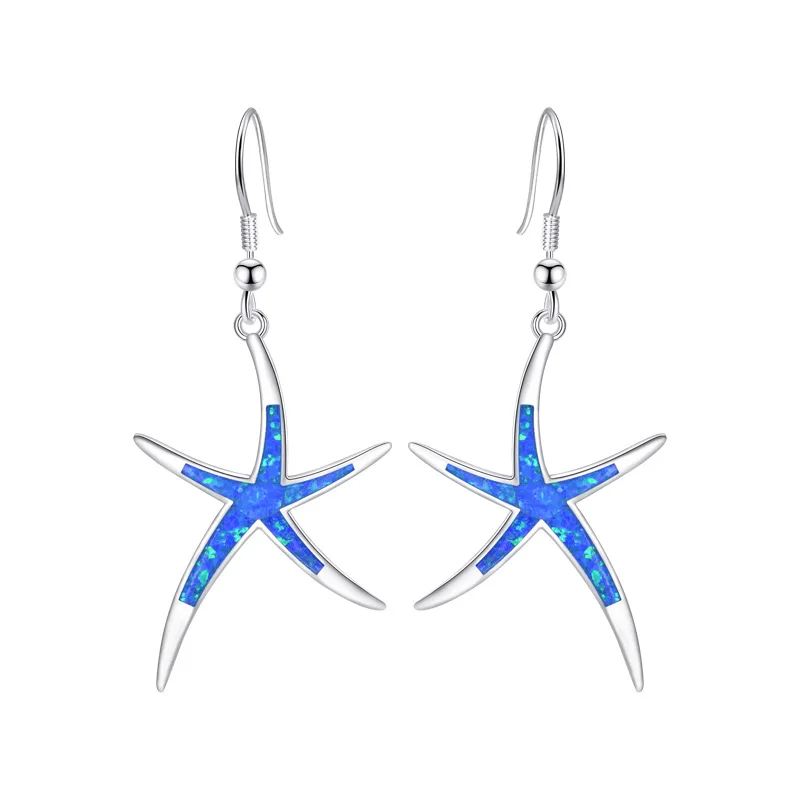 Ekopdee Cute Starfish Blue Imitation Fire Opal Drop Dangle Hook Earrings Womens Summer Beach Jewelry