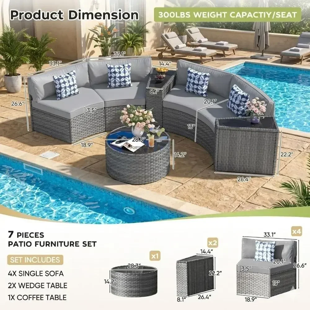 7-Piece Half-Moon Curved Outdoor Sectional Sofa Set with Coffee Table and Waterproof Cover, Grey Wicker Rattan Patio Furniture f