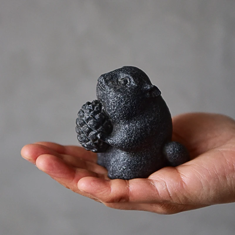 Squirrel Statue Hand Carved Natural Basalt Incense Holder Tea Pet Exquisite Table Ornament Home Decor Premium Gift