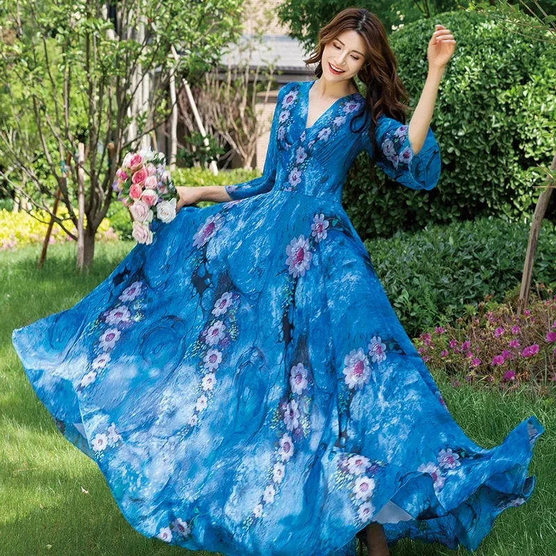 

2024 Floral Dresses For Women Korean Party Casual Beach Chiffon Formal Maxi Elegant Summer V-Neck Evening Dress Bohemia Vestidos