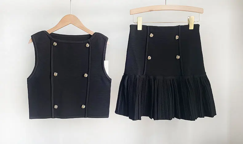 

Fashion Double Breasted Women's Sleeveless Knit Sweater Vest Knitwear Tank or Ladies High Waist Pleated A-Line Mini Skirt