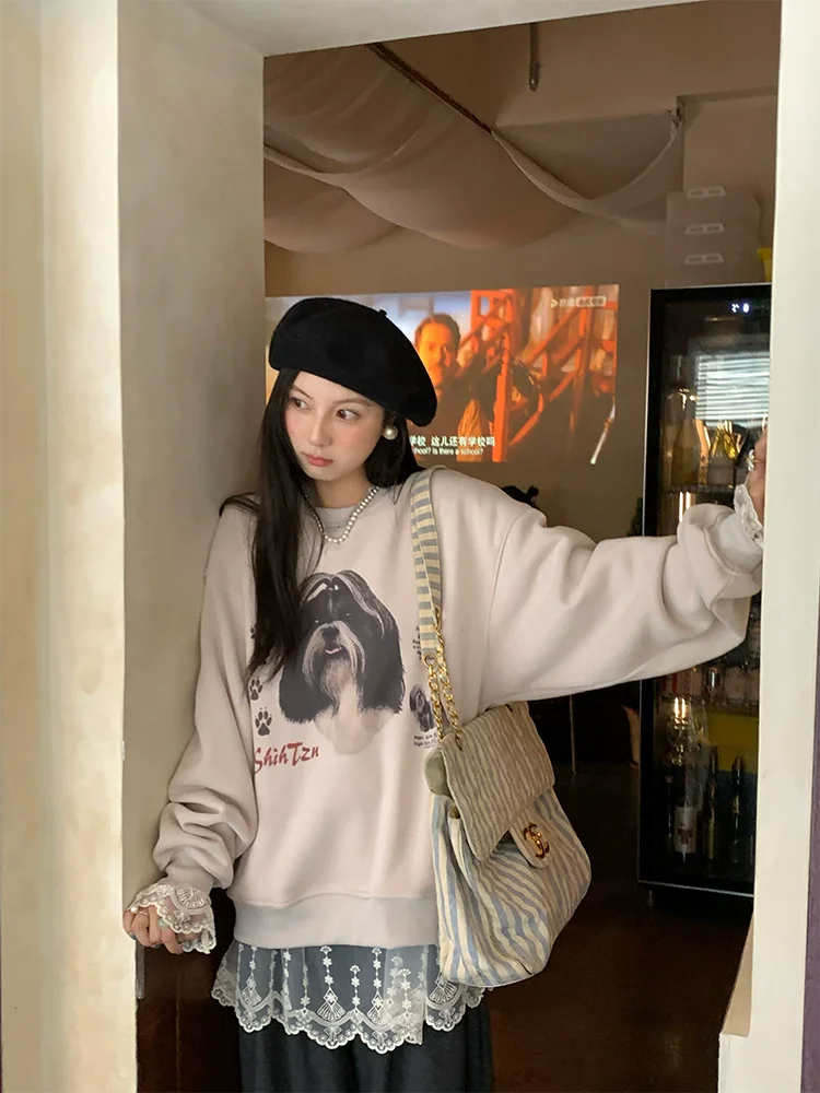 Autumn Winter Women Loose Thick Warm Dog Print Sweatshirts