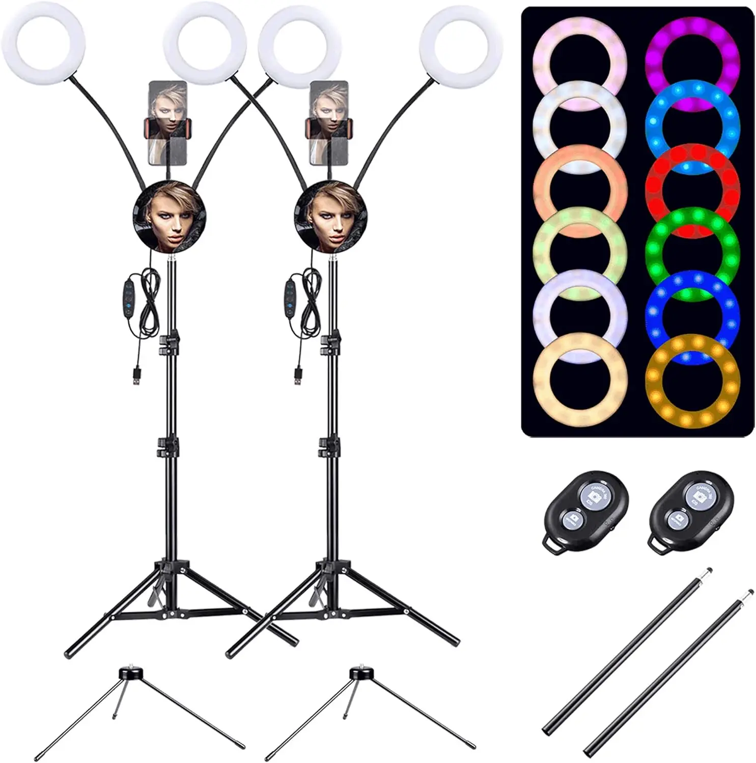 

2 Pack 7" RGB Dual LED Ring Light Stand Mirror Phone Holder for Tiktok Makeup Selfie Vlog