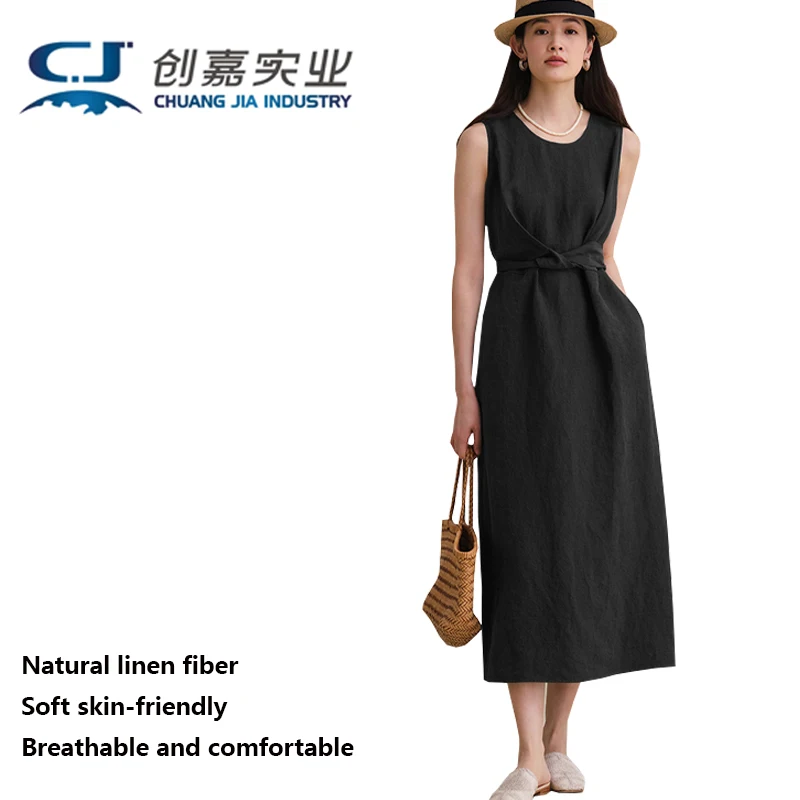 

High-end Linen Women's Sleeveless Round Neck Dress Black Back Strap Dress Temperament Simple Elegant Light Luxury Women's Dress