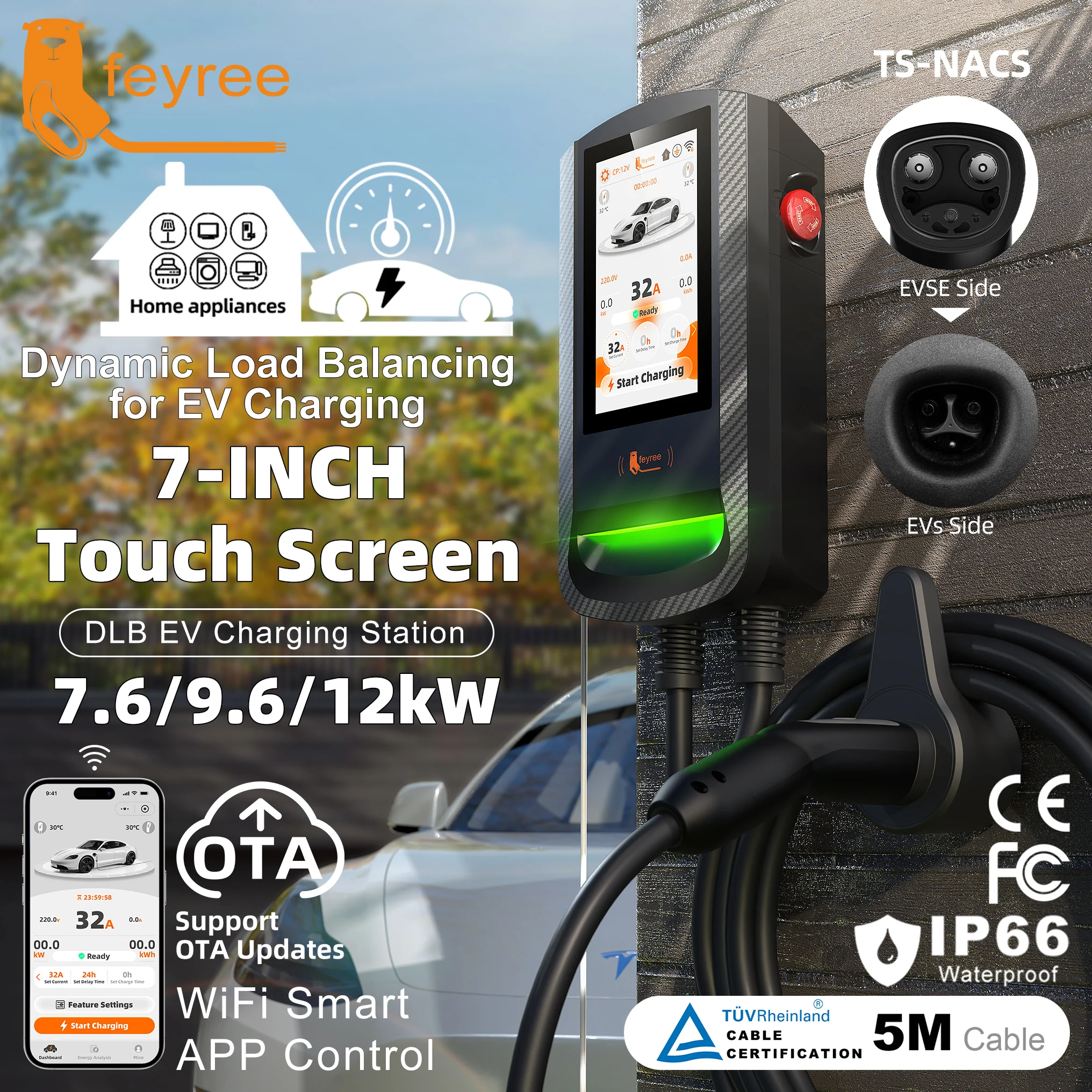 Feyree TS-NACS 12kW 50A EV Wallbox Smart DLB RFID Card APP Control & Charging Log OTA Update EV Charging Station for Outdoor Use