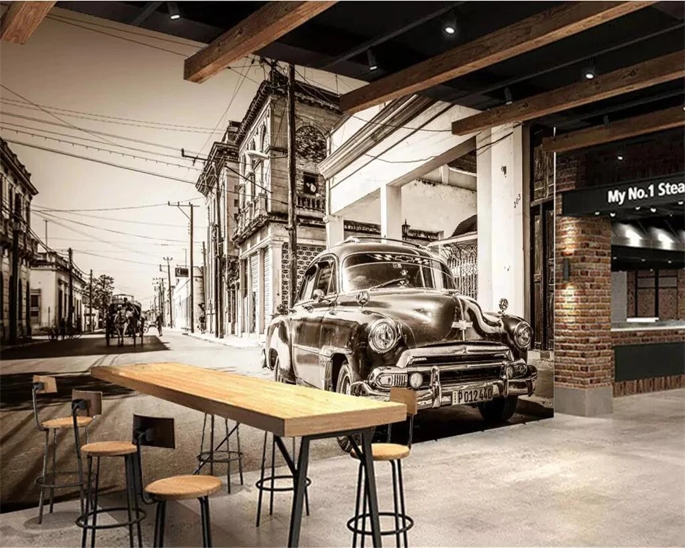 Customized photo wallpaper 3D retro nostalgic black white street car hotel restaurant mural Living room TV background bedroom 8d