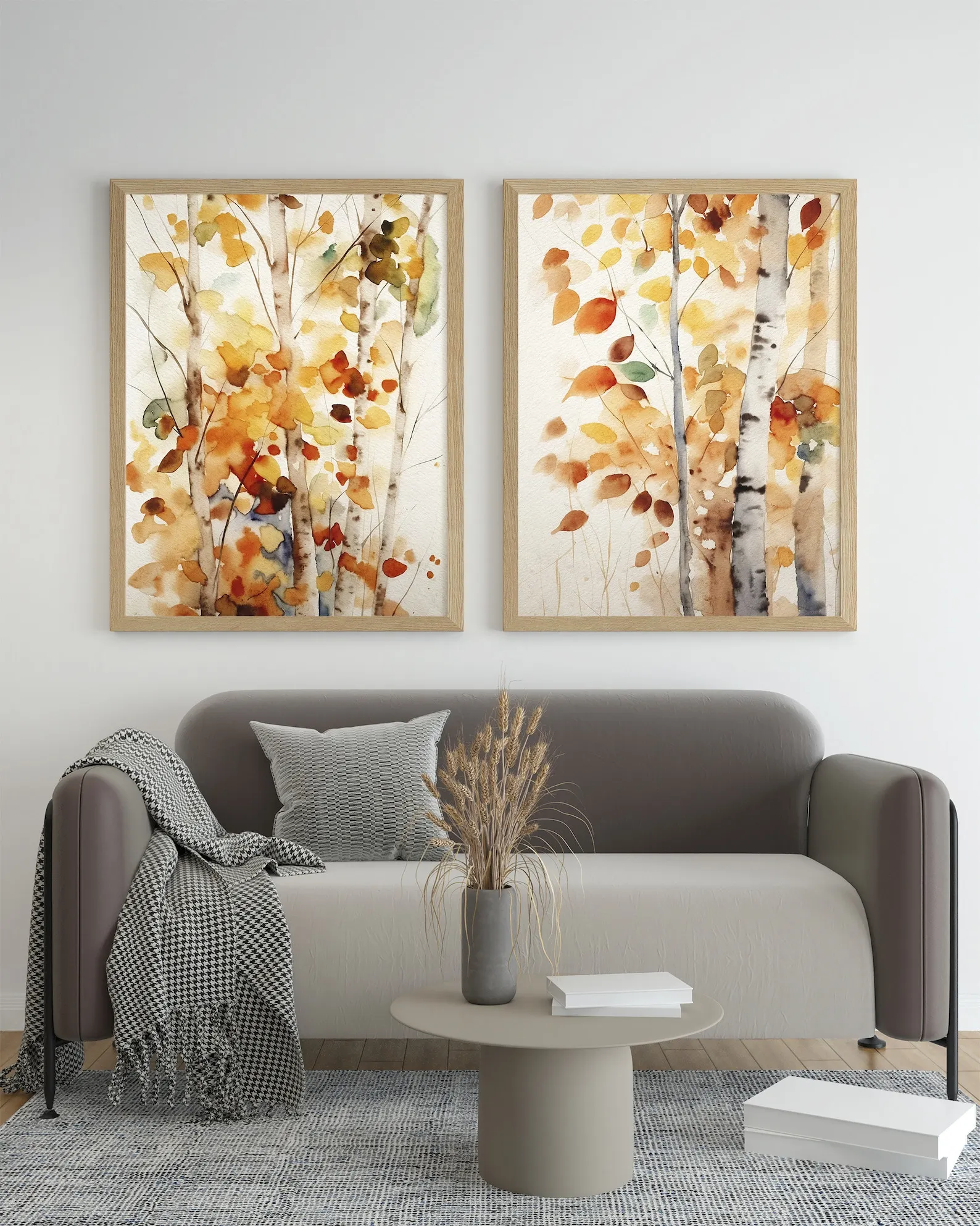 2pcs/Set Modern Fall Birch Watercolor Canvas Wall Art Prints Aspens Wall Art Autumn Landscape Fall Leaves for Living Room Decor