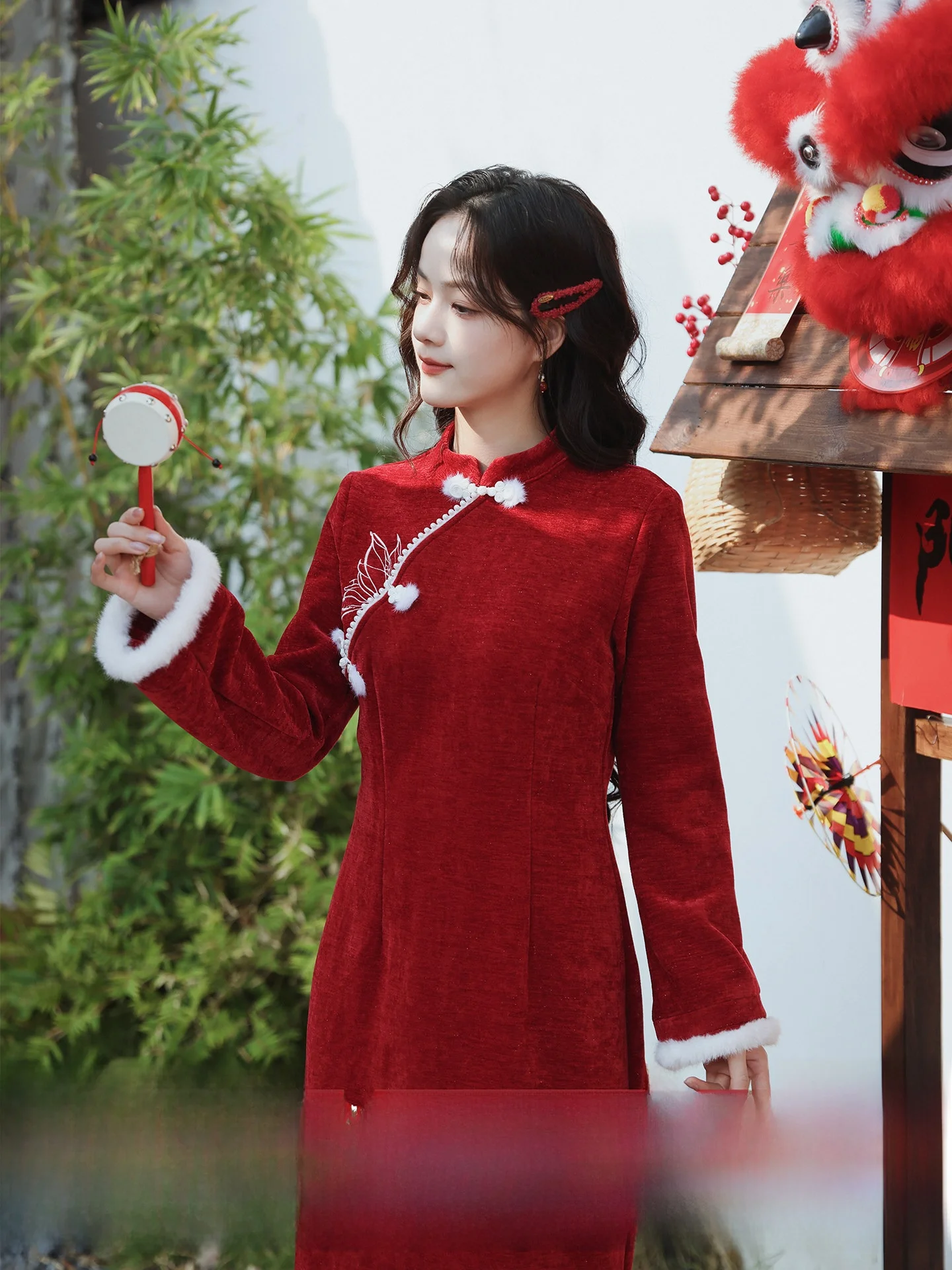 

Jiyunhe Chinese Sle Red Qipao New Year Set Warmth Limited Time Offer Mid-Length Daily Wear Fce Lined Long Sve