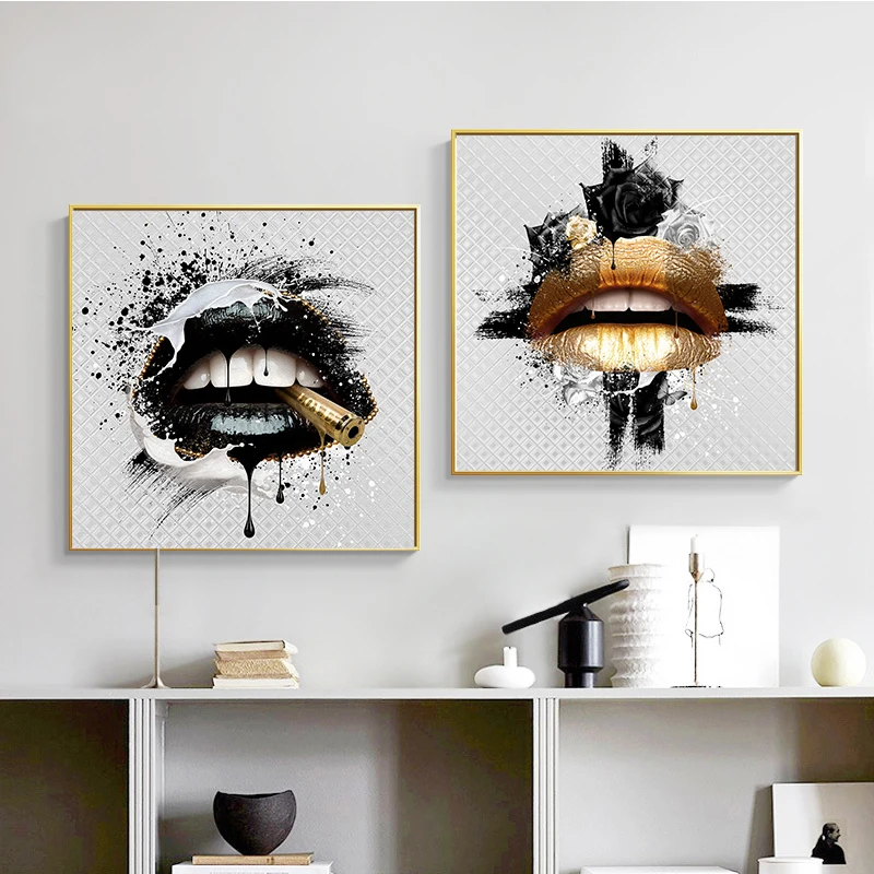 

Waffle Rose Flower Lips Posters and Prints Artist Abstract Art Mouth Canvas Painting Square Home Decorative Painting with Frame